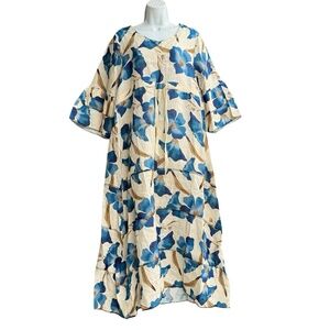 LUISA PERLA Italy Blue Linen Floral Maxi Dress 3/4 Bell Sleeve Size M Beach